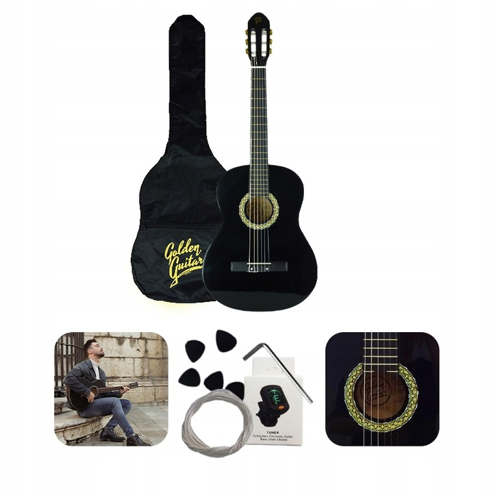 Gitara klasyczna 4/4 39" kolor czarny Guitar+ pokrowiec tuner struny kostki